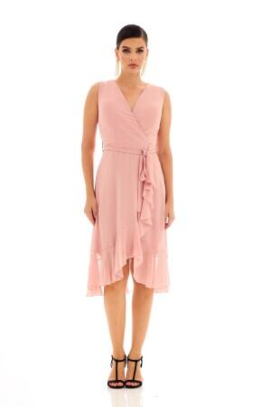 Short Evening Dress with Powder Chiffon Skirt and Flounces and Ribbons - 2