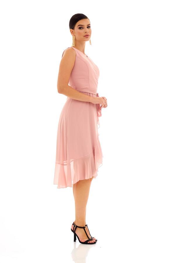 Short Evening Dress with Powder Chiffon Skirt and Flounces and Ribbons - 4