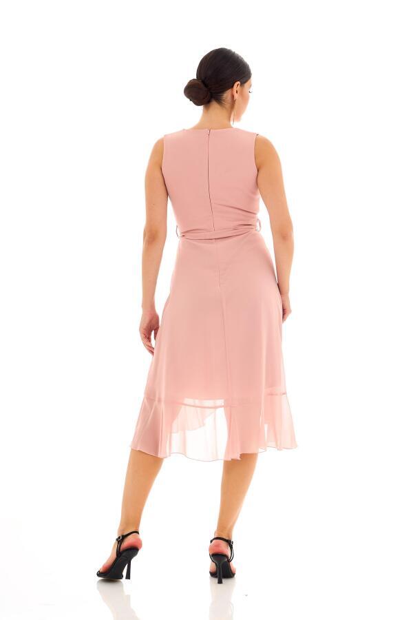 Short Evening Dress with Powder Chiffon Skirt and Flounces and Ribbons - 5