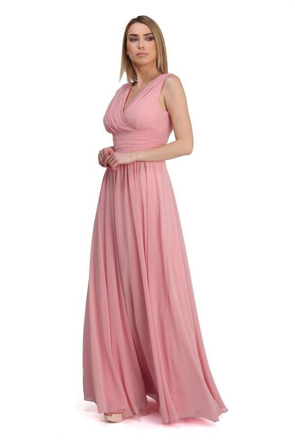 Powder Chiffon V-Neck Long Evening Dress - 1