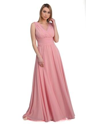 Powder Chiffon V-Neck Long Evening Dress - 2