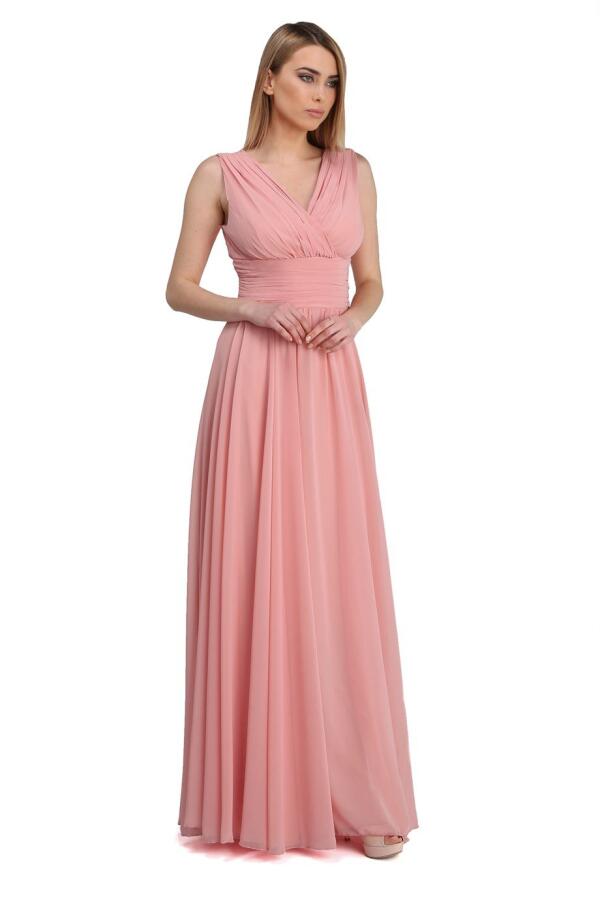 Powder Chiffon V-Neck Long Evening Dress - 3