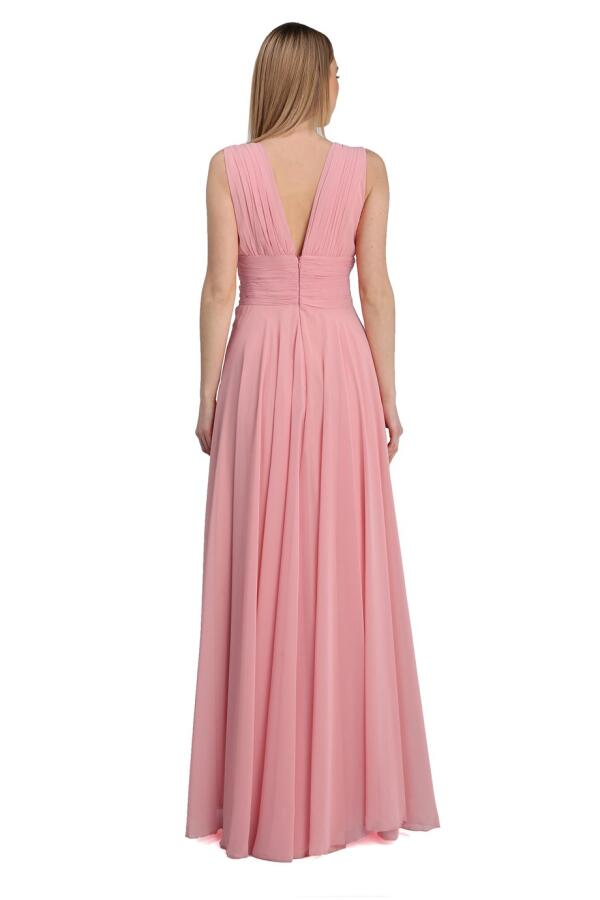 Powder Chiffon V-Neck Long Evening Dress - 4