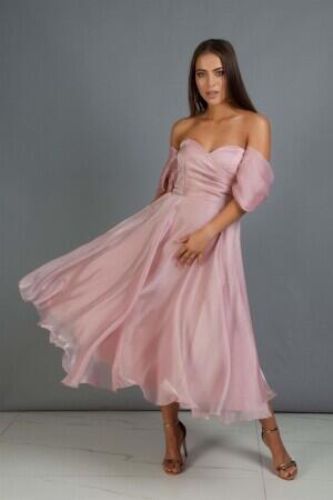 Powder Low Sleeve Organza Engagement Evening Dress - 1