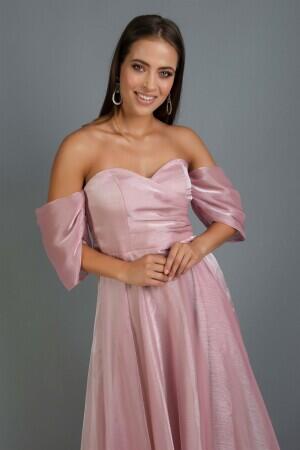 Powder Low Sleeve Organza Engagement Evening Dress - 2