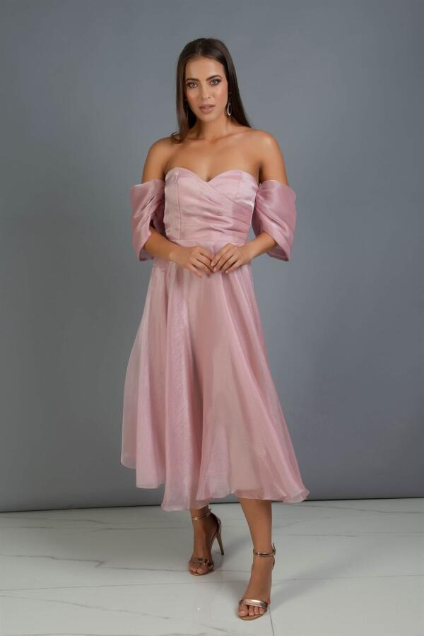 Powder Low Sleeve Organza Engagement Evening Dress - 5