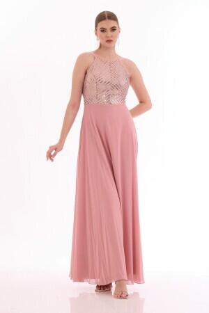 Powder Sequined Chiffon Long Evening Dress - 1