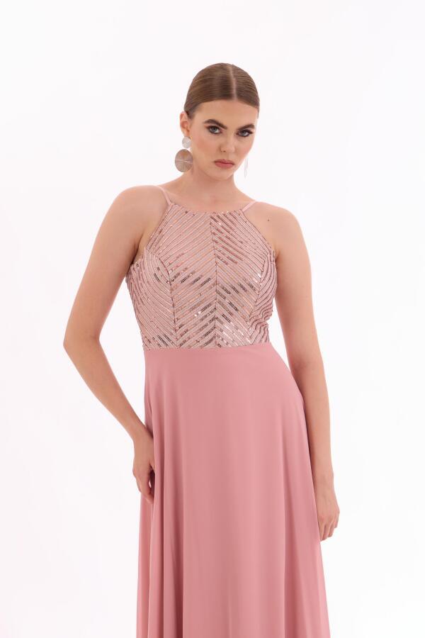 Powder Sequined Chiffon Long Evening Dress - 2