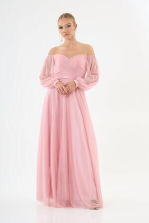 Powder Glitter Collar Long Sleeve Engagement Dress - 1