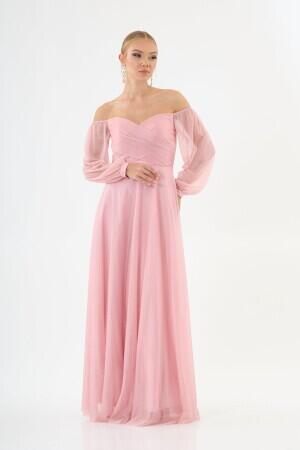 Powder Glitter Collar Long Sleeve Engagement Dress - 3