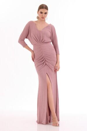 Powder Glitter Slit Long Evening Dress - 1