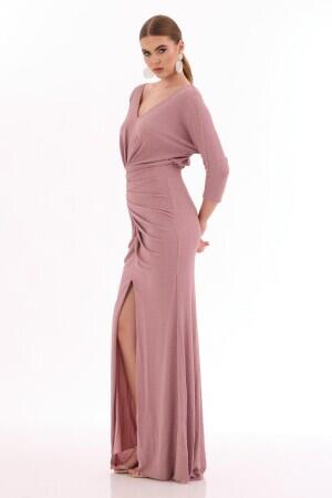 Powder Glitter Slit Long Evening Dress - 3