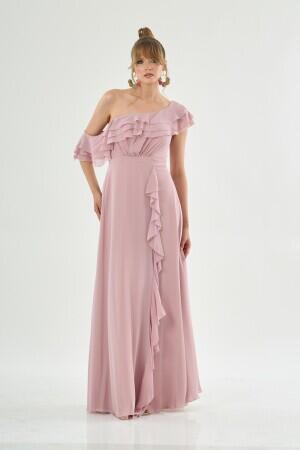 Powder Chiffon Shoulder Flounce Slit Evening Dress - 3