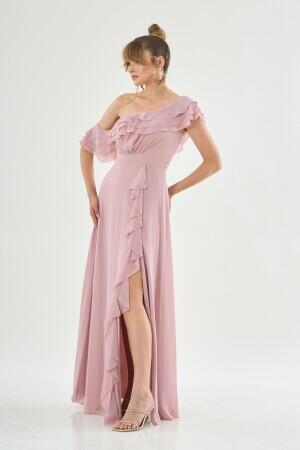 Powder Chiffon Shoulder Flounce Slit Evening Dress - 4