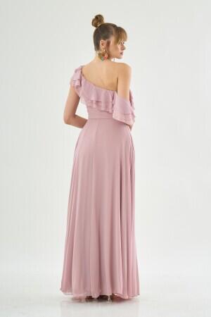 Powder Chiffon Shoulder Flounce Slit Evening Dress - 5