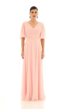 Powder Chiffon Pleated Long Evening Dress - 1