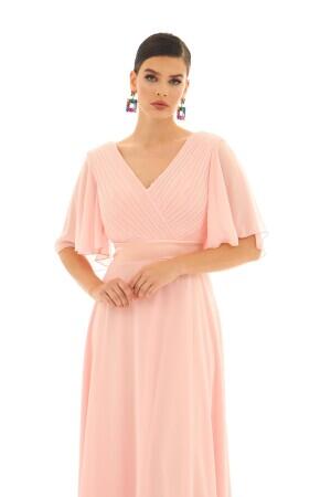 Powder Chiffon Pleated Long Evening Dress - 2