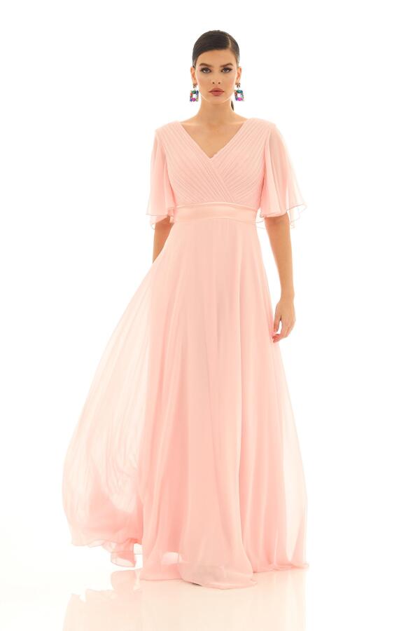 Powder Chiffon Pleated Long Evening Dress - 3