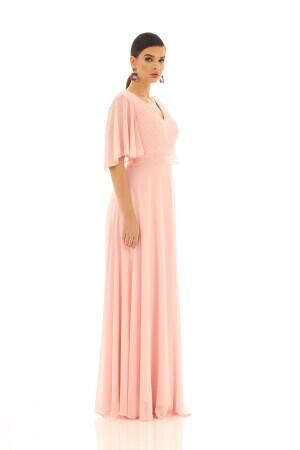 Powder Chiffon Pleated Long Evening Dress - 4