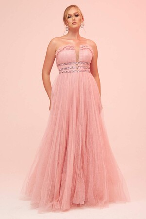 Powder Strapless Backless Tulle Engagement Dress - 1