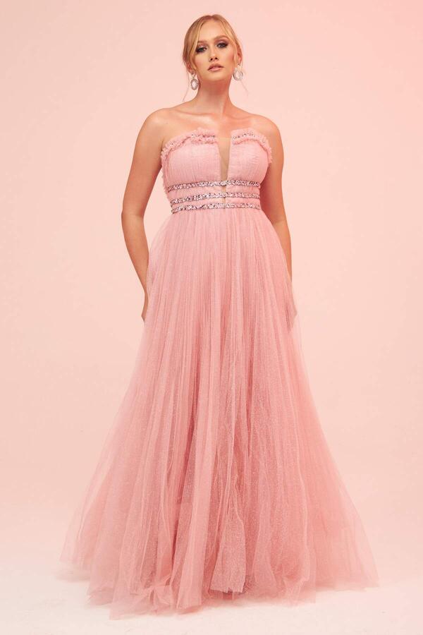 Powder Strapless Backless Tulle Engagement Dress - 1