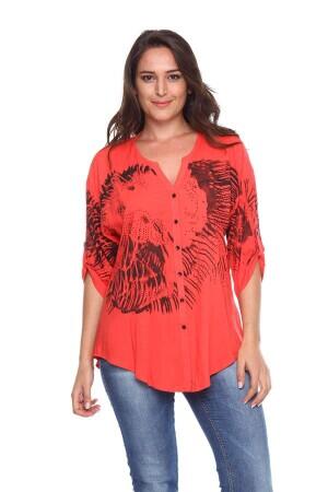 Printed Stone Detail Plus Size Shirt Blouse Coral - 1