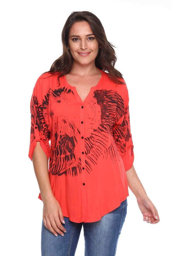 Printed Stone Detail Plus Size Shirt Blouse Coral - 2