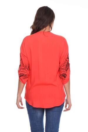 Printed Stone Detail Plus Size Shirt Blouse Coral - 3