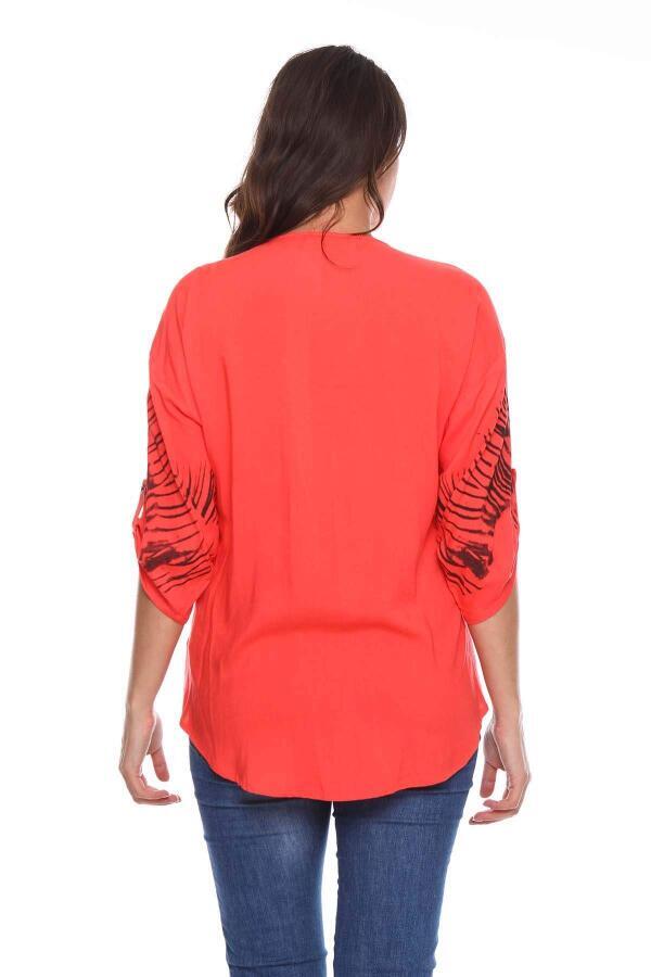 Printed Stone Detail Plus Size Shirt Blouse Coral - 6