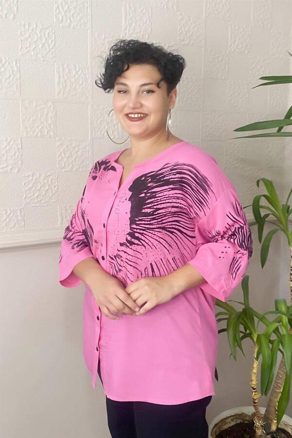 Printed Stone Detail Plus Size Shirt Blouse Fuchsia-Pink - 3