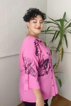 Printed Stone Detail Plus Size Shirt Blouse Fuchsia-Pink - 4