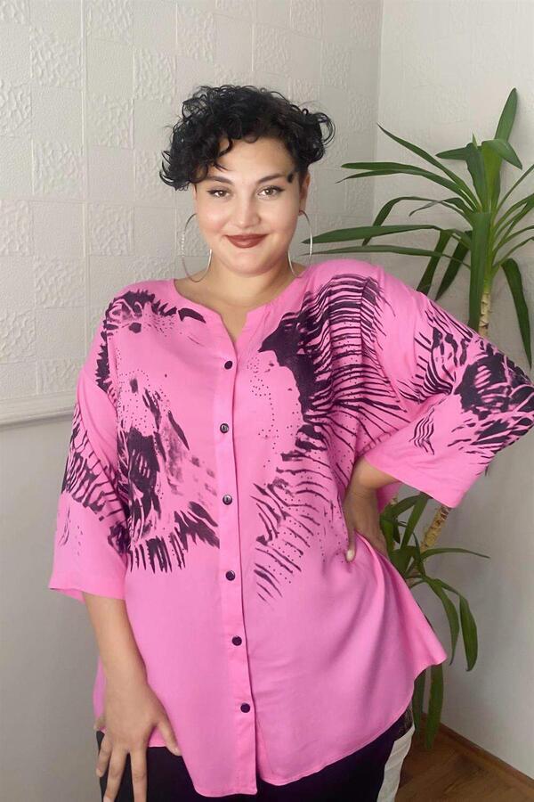 Printed Stone Detail Plus Size Shirt Blouse Fuchsia-Pink - 6