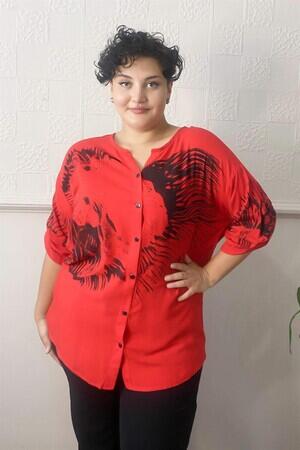 Printed Stone Detail Plus Size Shirt Blouse Red - 1