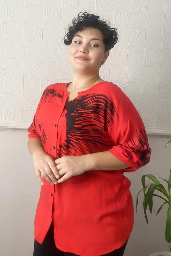 Printed Stone Detail Plus Size Shirt Blouse Red - 2