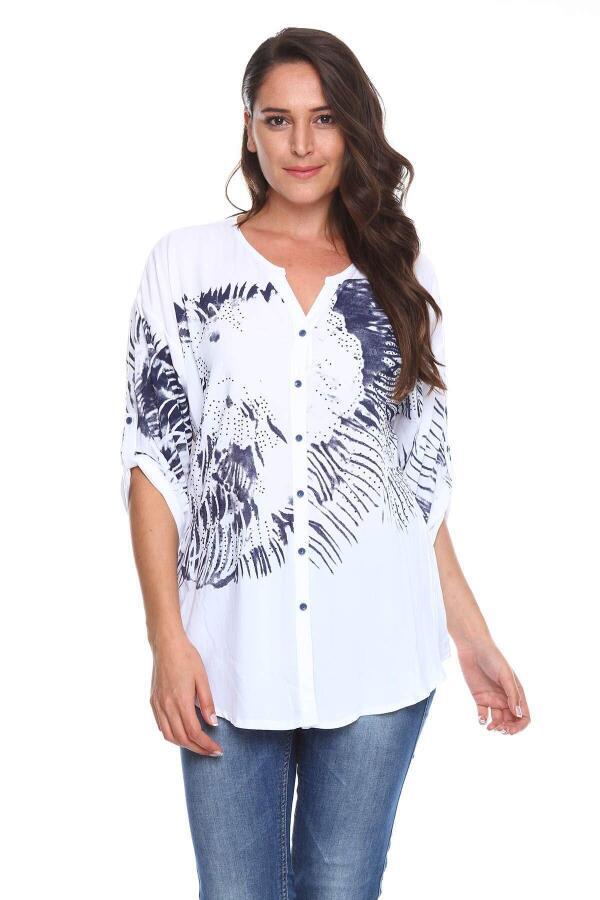 Printed Stone Detail Plus Size Shirt Blouse White - 1