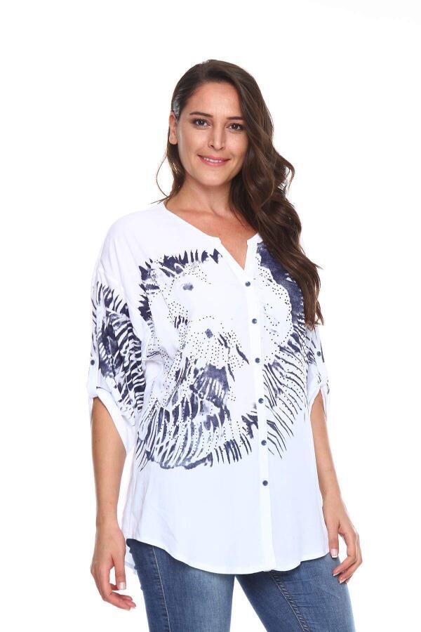 Printed Stone Detail Plus Size Shirt Blouse White - 2