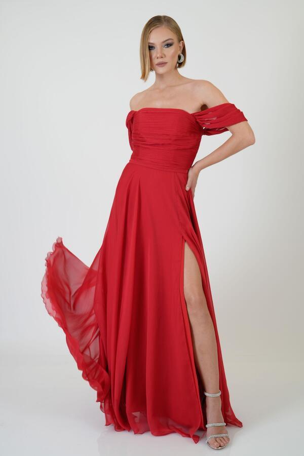 Red Low Sleeve Slit Chiffon Evening Dress - 1