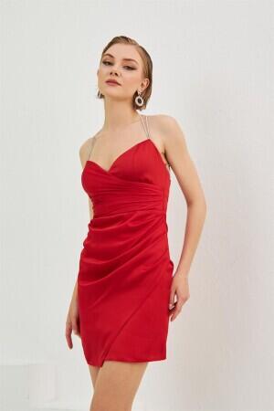 Red Satin Backless Short Evening Dress - 2