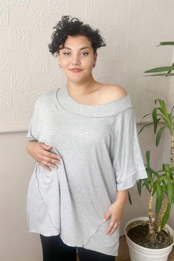 Reverse Stitched Casual Plus Size Combed Cotton Blouse Gray - 1