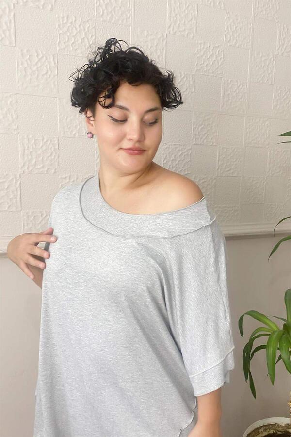 Reverse Stitched Casual Plus Size Combed Cotton Blouse Gray - 3