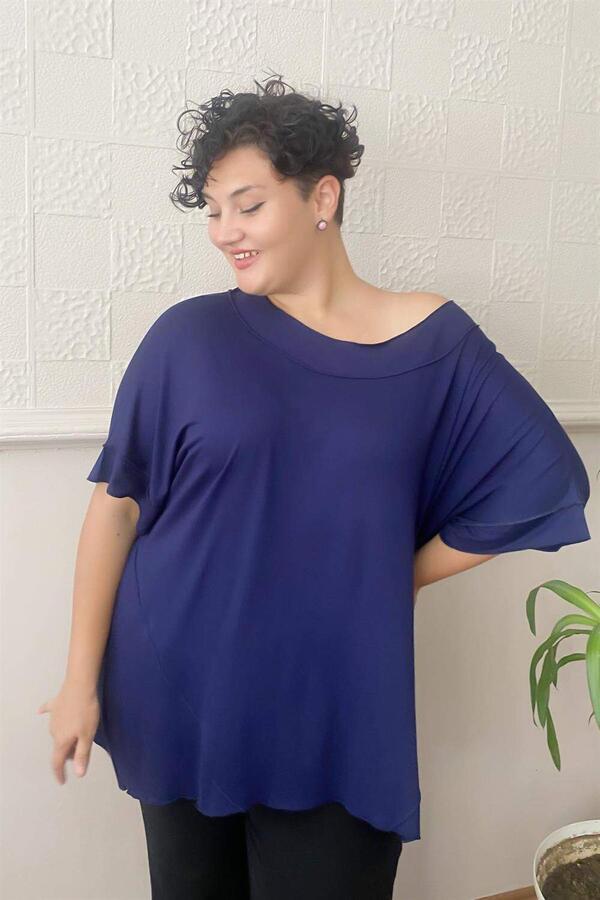 Reverse Stitched Casual Plus Size Combed Cotton Blouse Navy Blue - 1