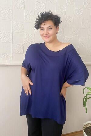 Reverse Stitched Casual Plus Size Combed Cotton Blouse Navy Blue - 2