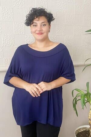 Reverse Stitched Casual Plus Size Combed Cotton Blouse Navy Blue - 3