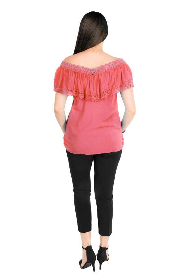 Ruffled Lace Collar Plus Size Blouse Coral - 2