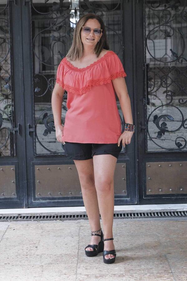 Ruffled Lace Collar Plus Size Blouse Coral - 3