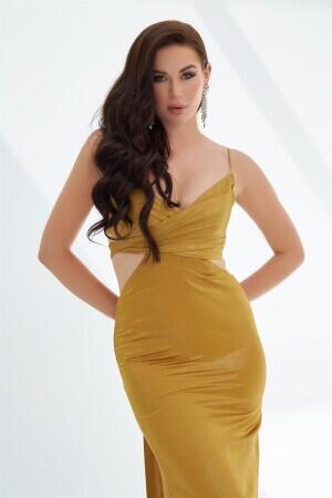 Saffron Foil Strappy Backless Long Evening Dress - 2