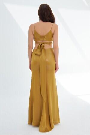 Saffron Foil Strappy Backless Long Evening Dress - 4