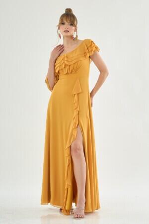 Saffron Chiffon Shoulder Flounce Slit Evening Dress - 1