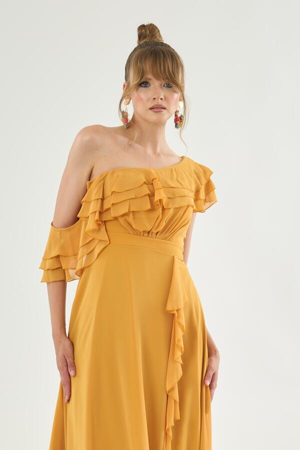 Saffron Chiffon Shoulder Flounce Slit Evening Dress - 2