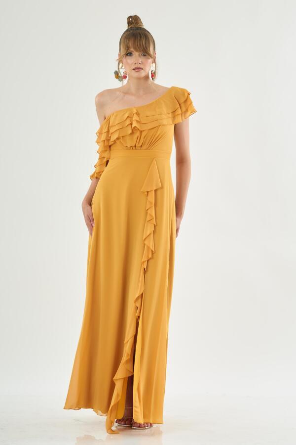 Saffron Chiffon Shoulder Flounce Slit Evening Dress - 3